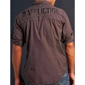 Affliction Shirt XL Power Train Skull Grunge Goth Spellout Premium Button Up
